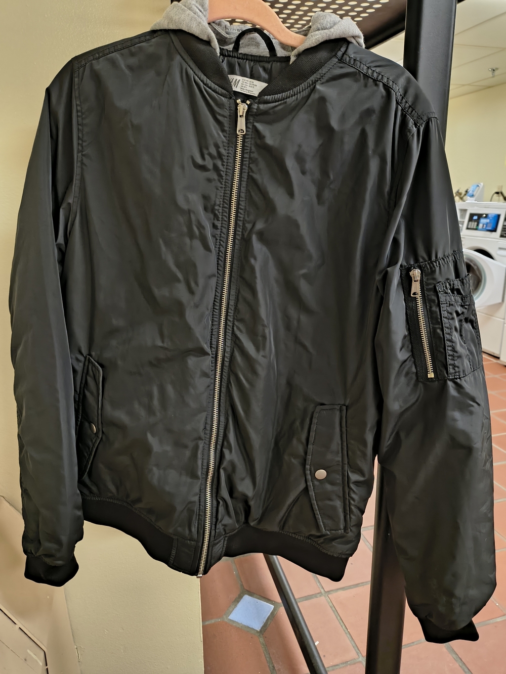 H&M Black Bomber Jacket with Gray Hood Size XL